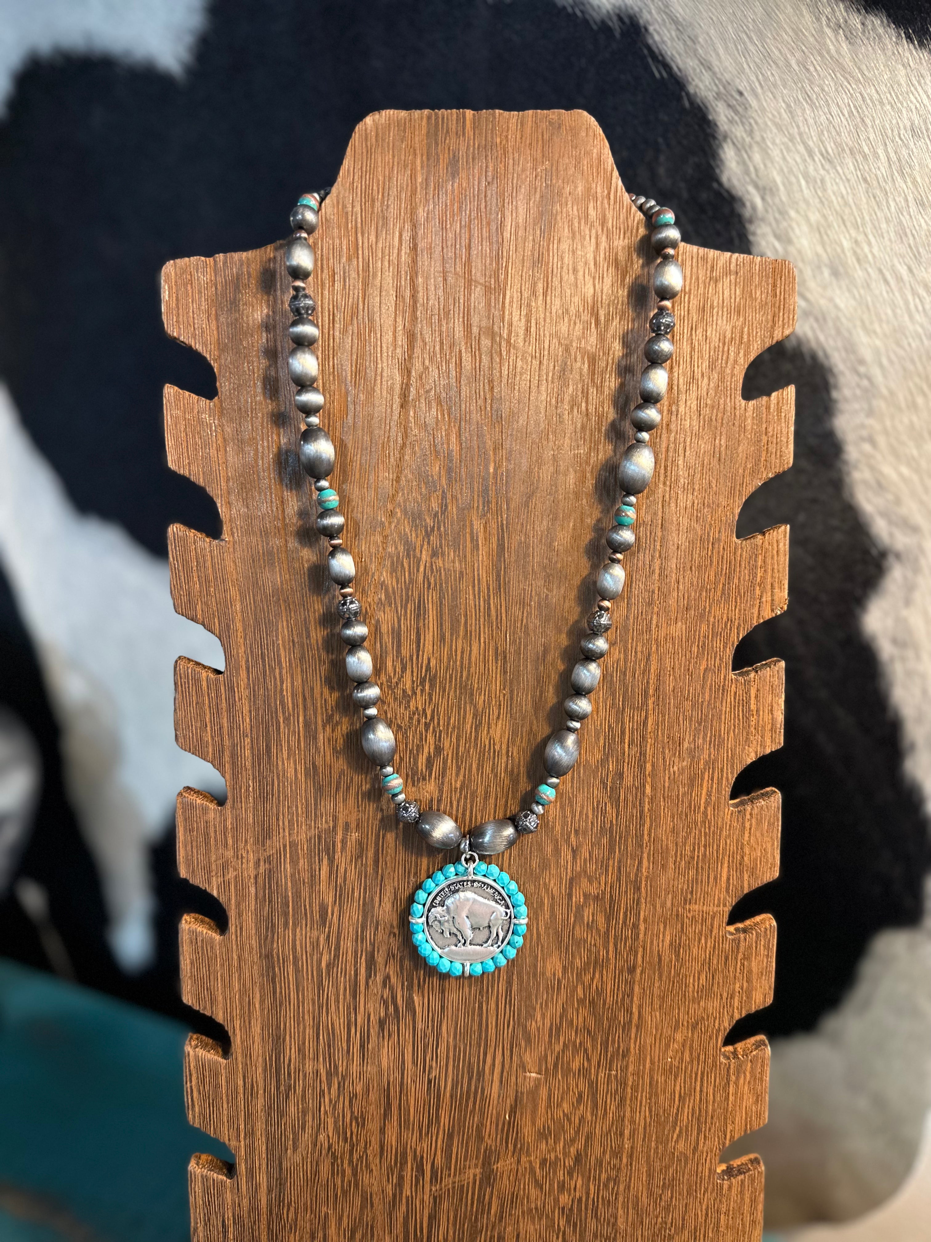 Faux Navajo Bead Necklace With Coin Charm