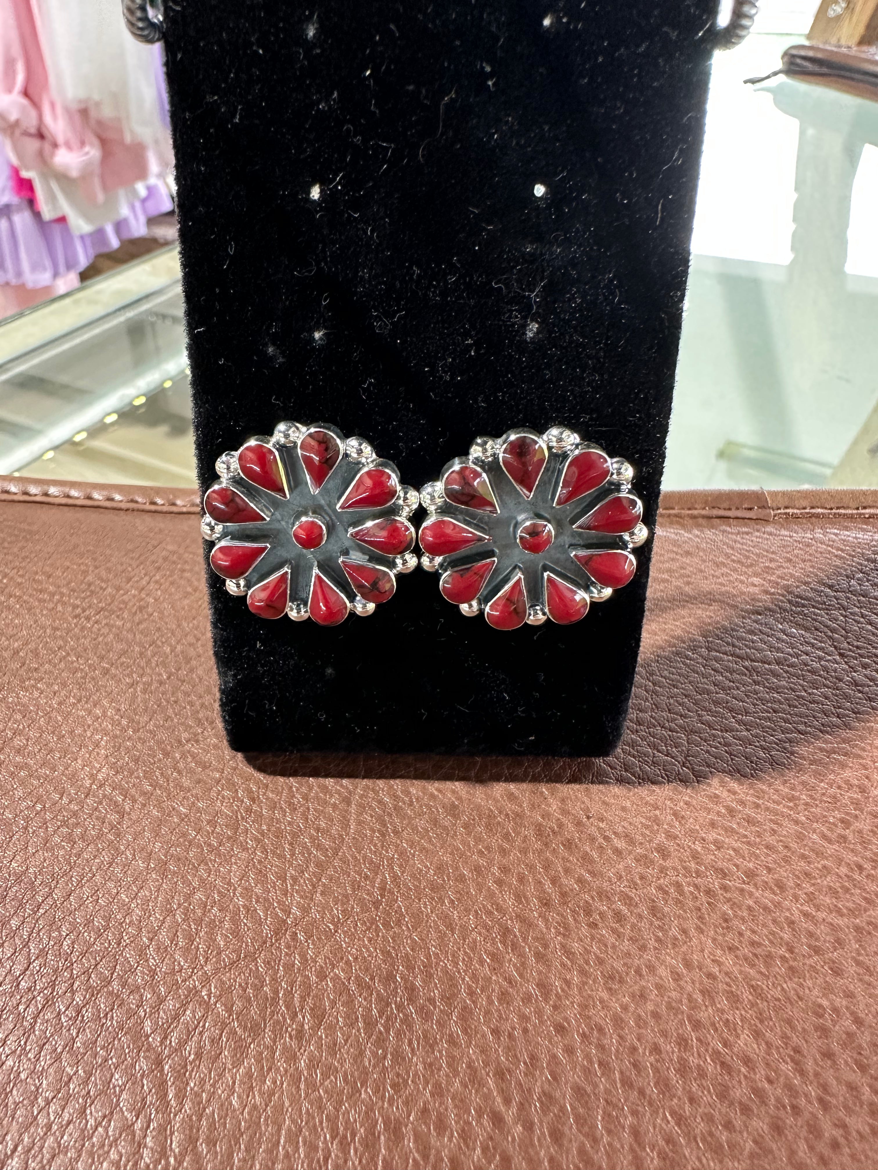 Sterling Silver Red Squash Blossom Studs