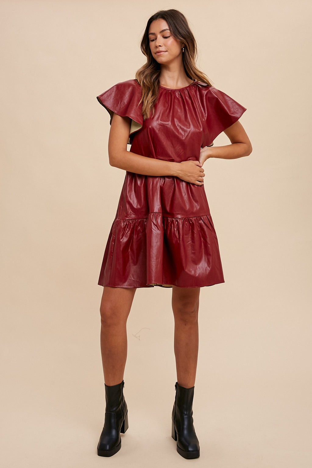 Faux Leather Red Ruffle Dress