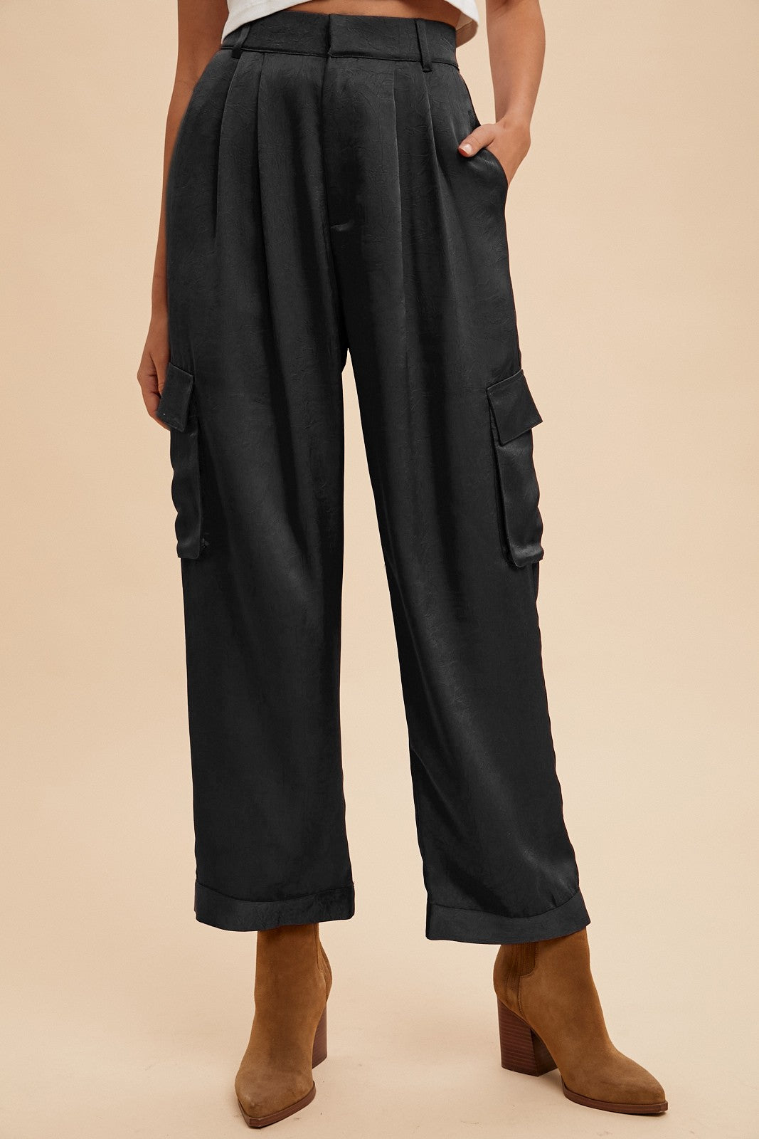Black Satin Cargo Pants