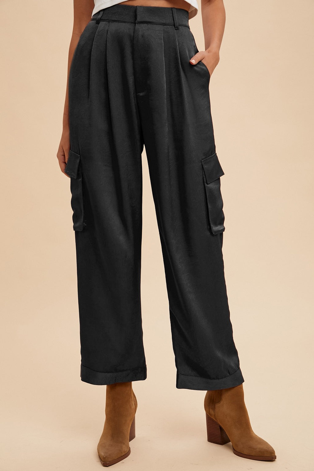 Black Satin Cargo Pants