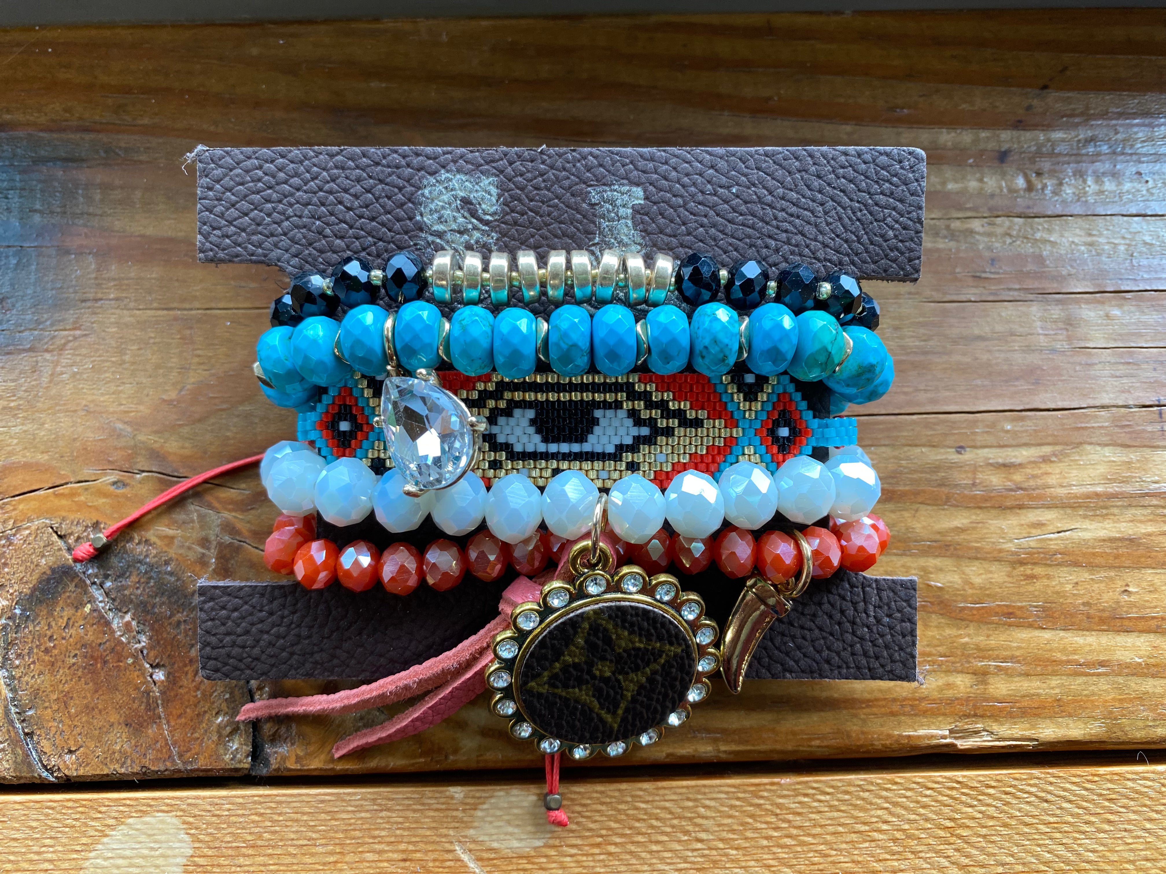 Up Cycled Bracelet Set-Blue/Coral