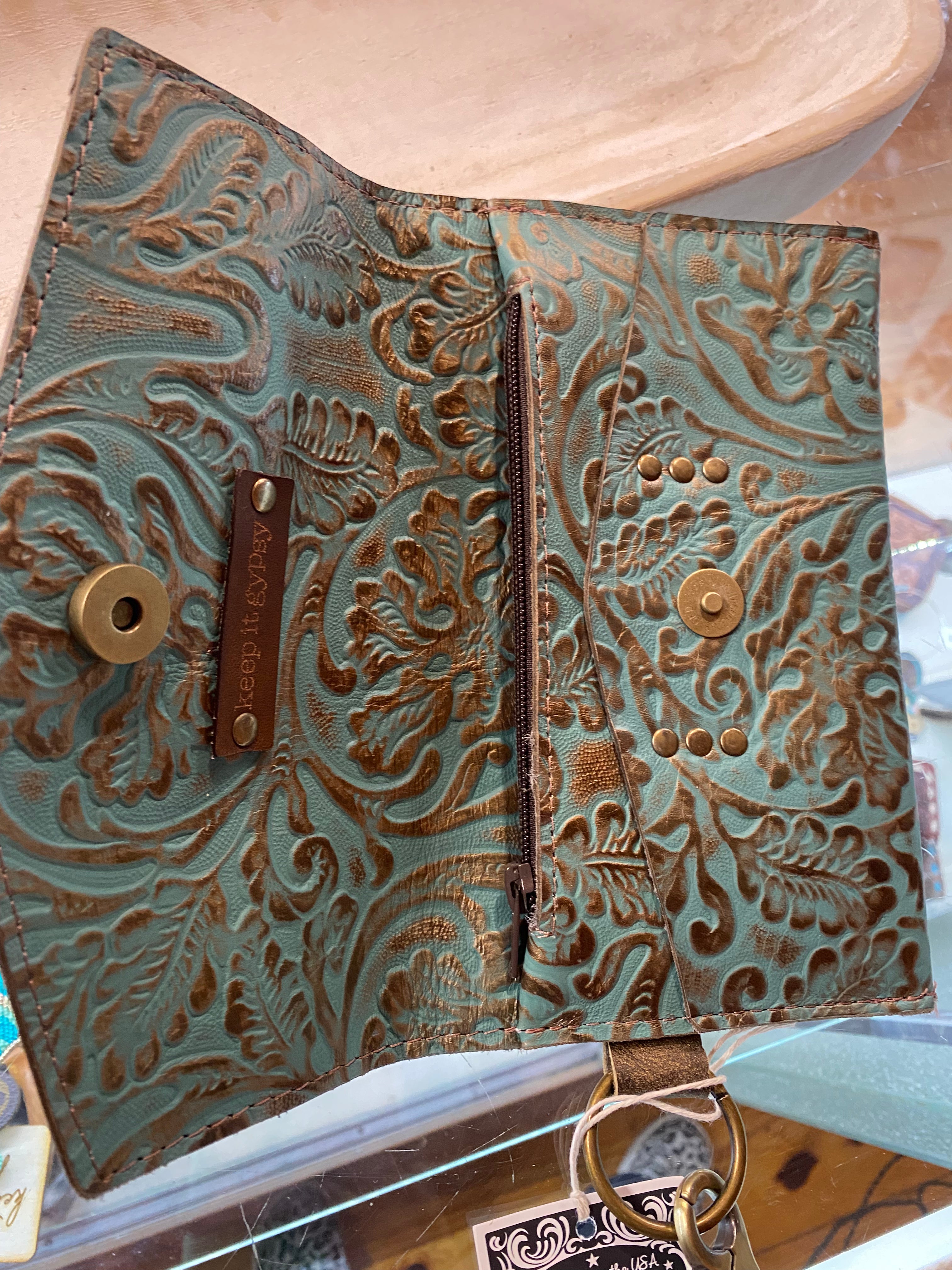 Up Cycled Blue/Brown Leather Wristlet