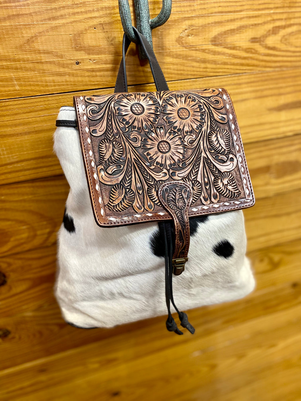 Tooled Leather & Cowhide Backpack- Black/White