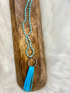 Blue Glass Bead Necklace With Fringe